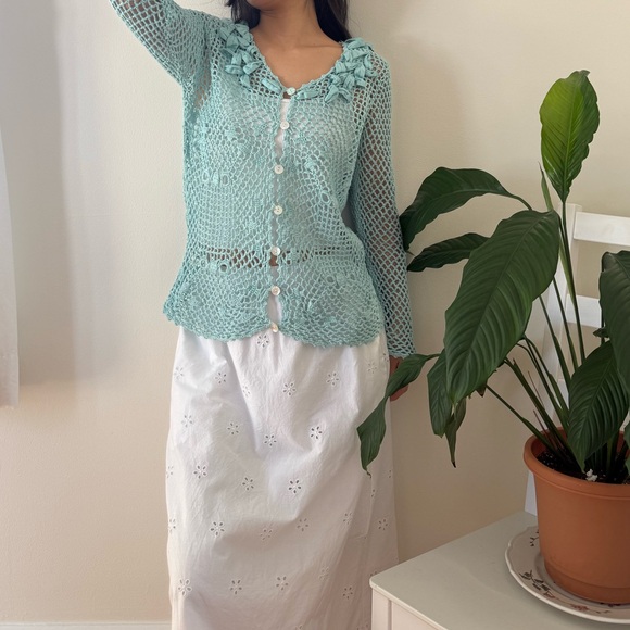 Modern Soul Linen Cotton Blend Crochet Light Blue Button Front Cardigan Size XS - Picture 7 of 11